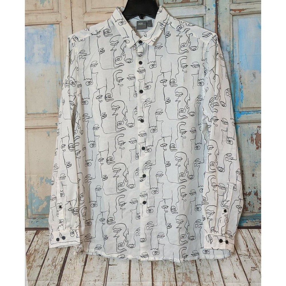 Asos Womens Size XL White Sketchy Faces Print Long Sleeve Button Up Shirt Top